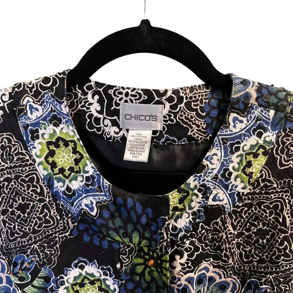 Chico's Black Floral Button Front Jackets Size Small Sequins Beaded Cotton - Picture 2 of 11